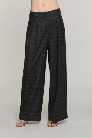 Pantalone TREMITI vita alta palazzo con pinces più tasche quadri lurex
