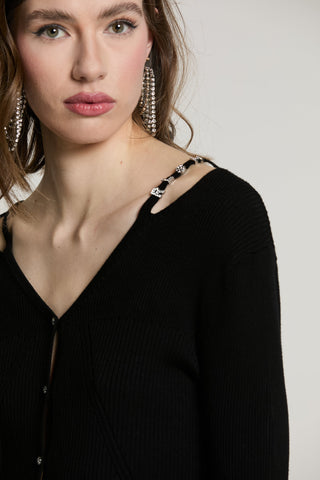 Abito LETTERINGA midi manica lunga scollo a V con bott.crystal più apertura spalle con logo strass