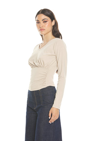 T-shirt WRAPP manica lunga scollo v con arricci più logo