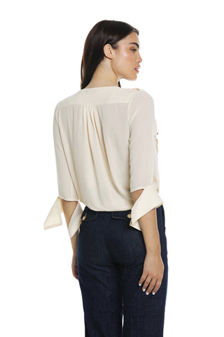 Blusa HARBARD m.3/4 con polso aerto scollo incrocio più tasche più alamari