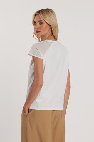 T-Shirt LATERAL maniche corte con arriccio sulla spalla più spilla logo strass