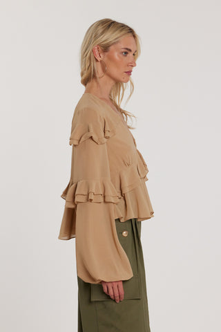Blusa URSULAS maniche lunghe palloncino con rouches scollo a V con balze