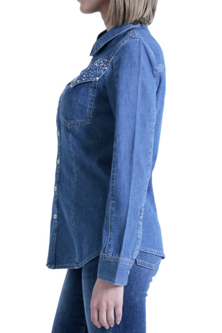 Camicia EVA_20 maniche lunghe con tasche più applicazioni strass patte slim fit denim blu