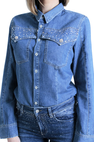 Camicia EVA_20 maniche lunghe con tasche più applicazioni strass patte slim fit denim blu