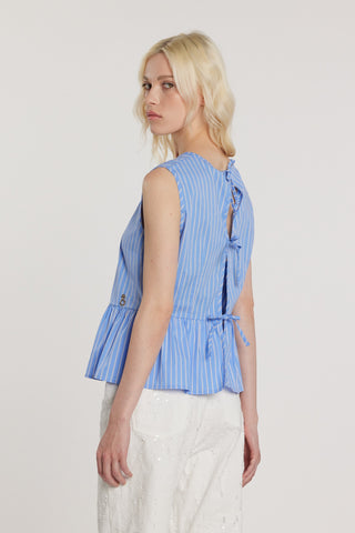 Blusa MERIL smanicata con apertura più fiocchi sulla schiena più applicazioni gioiello più balza fondo righe