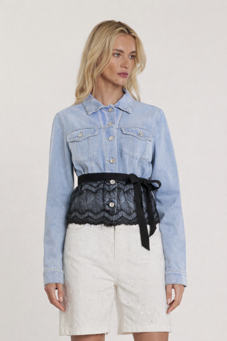 Giubbino WILLY_20 maniche lunghe con tasche più cintura più inserti pizzo slim fit denim blu