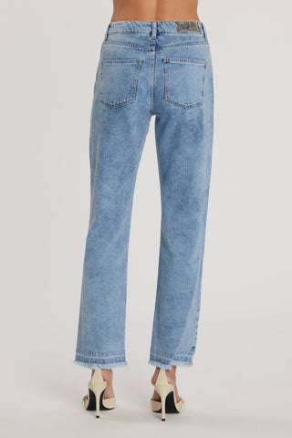 Pantalone CINDY_28 vita media cinque tasche con applicazioni strass cigarette fit denim blu