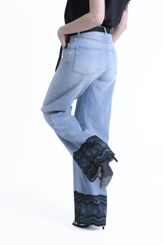 Pantalone ELLELONG_27 vita media con cintura più applicazioni pizzo fondo straight fit denim blu