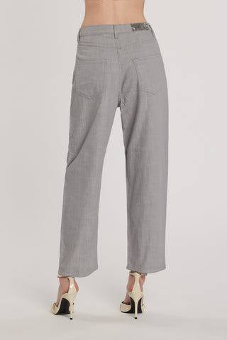 Pantalone CARLA_32 vita media cinque tasche con applicazioni strass laterali baggy fit grey cotone