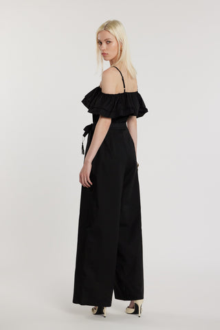 Tuta STRAUX lunga maniche lunghe scollo barca più bretelle con balze più cintura con nappe