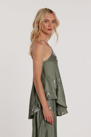 Tuta BELLYSA con top più Pantalone vita alta palazzo raso più ricamo fiori paillettes