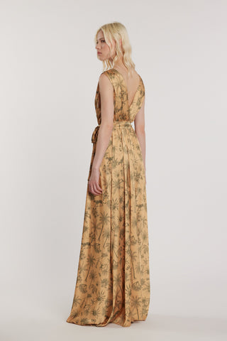Abito JOHANSSON lungo smanicato doppio scollo profondo con incrocio più cintura fantasia tropical