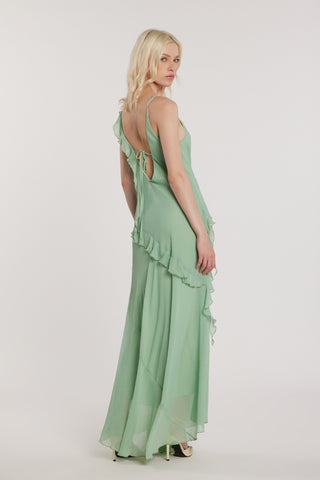 Abito CARAH lungo smanicato doppio scollo V con rouches più stringhe più spacco