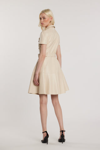 Abito GRACELLE midi maniche lunghe effetto chiodo con zip più cintura con gonna a campana ecopelle