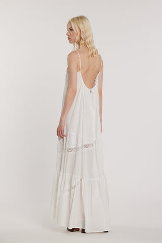 Abito CATHERY lungo smanicato con arricci più balze più inserti pizzo