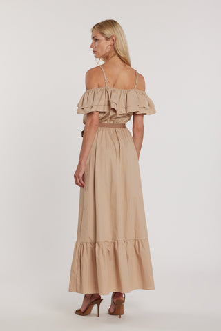 Abito MOLIER lungo maniche lunghe scollo barca più bretelle con balze più cintura con nappe