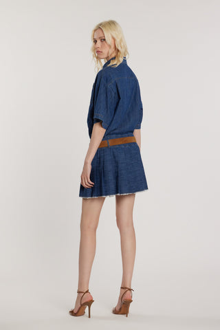 Abito PASOLIT corto maniche lunghe con tasche più snap più cintura più gonna plissé con fondo sfrangiato denim