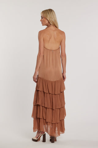 Abito MORELL lungo smanicato scollo americana con apertura sulla schiena più fusciacca più balza