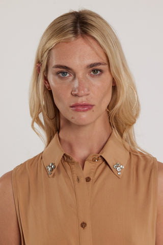 Abito KAZY lungo smanicato chemisier con colletto più strass più cintura