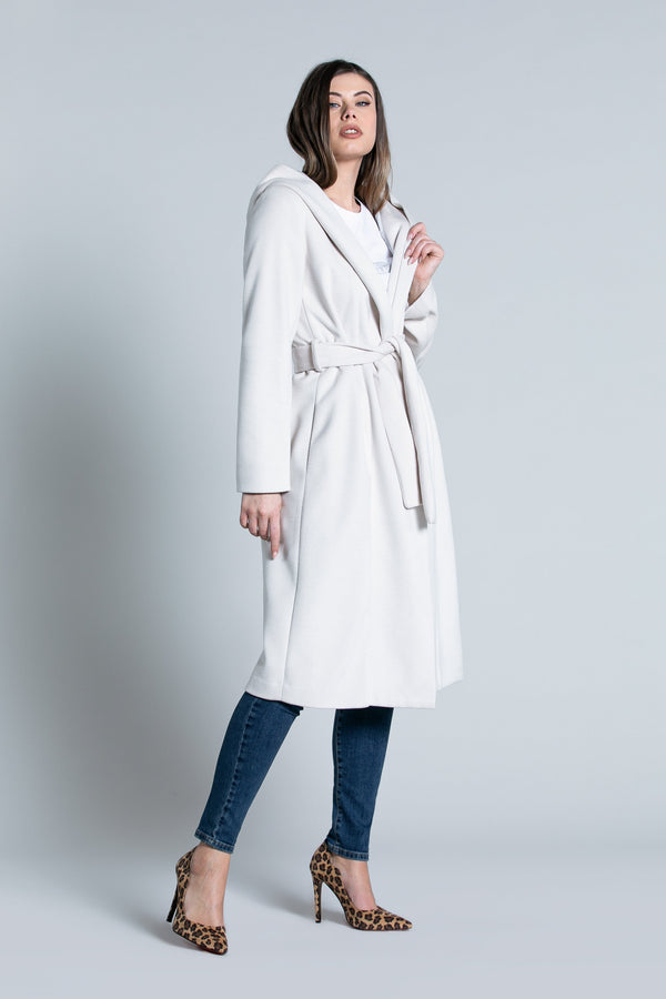 Cappotto TAMMORE lungo manica lunga con cappuccio più cintura più tasche ivory