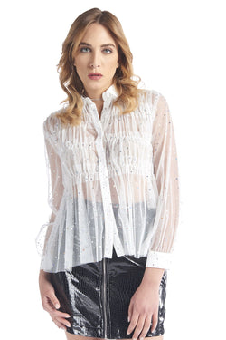 Camicia in organza con rouches e stampa irridescente, relish fashion moda, abbigliamento femminile