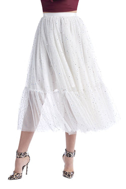 Gonna lunga con balze di tulle ed applicazioni iridescenti, relish fashion moda, abbigliamento femminile