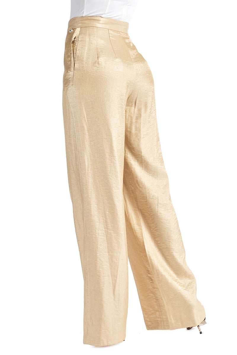 Pantalone palazzo a vita alta in raso martellato, relish fashion moda, abbigliamento femminile