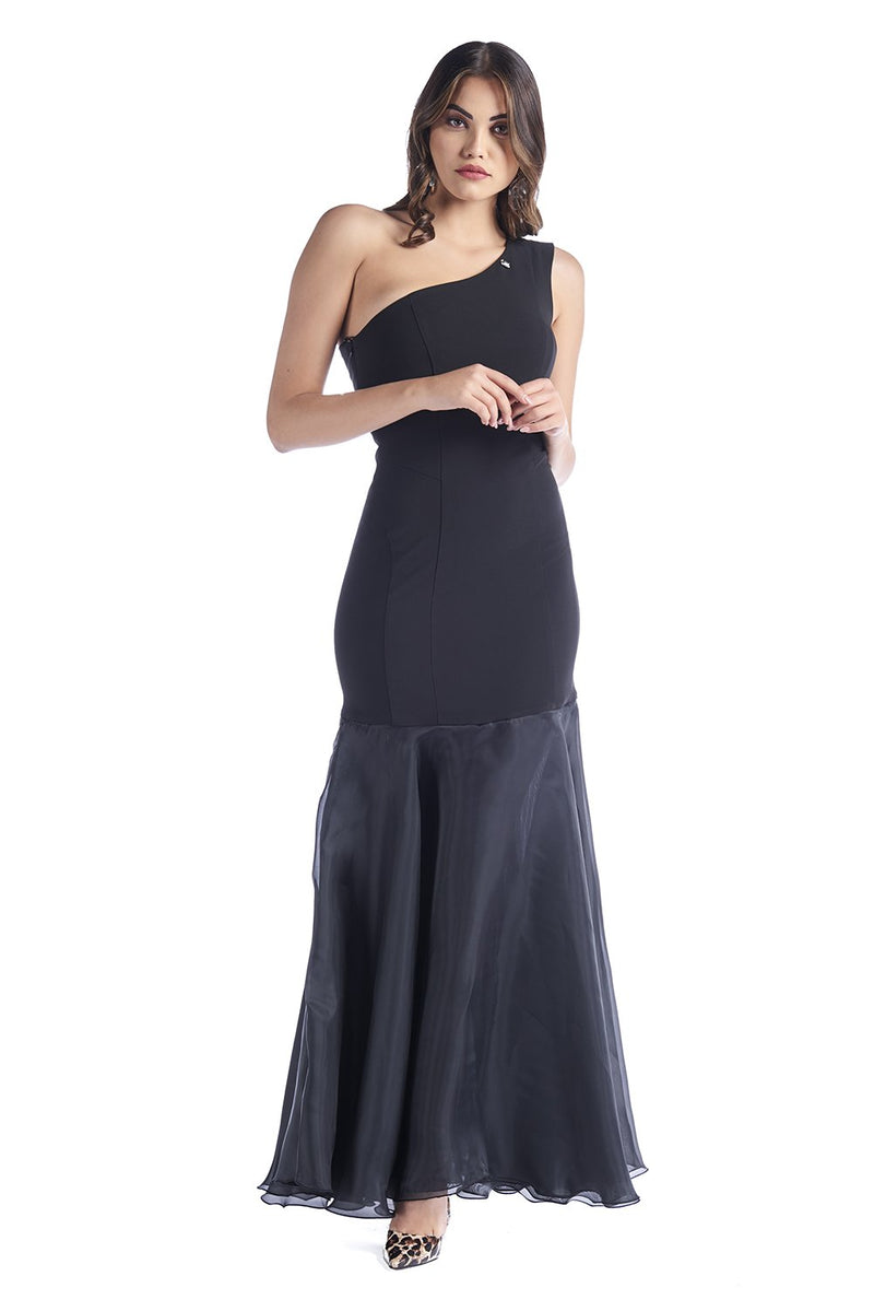 Abito lungo monospalla modello a sirena con balza in organza, relish fashion moda, abbigliamento femminile
