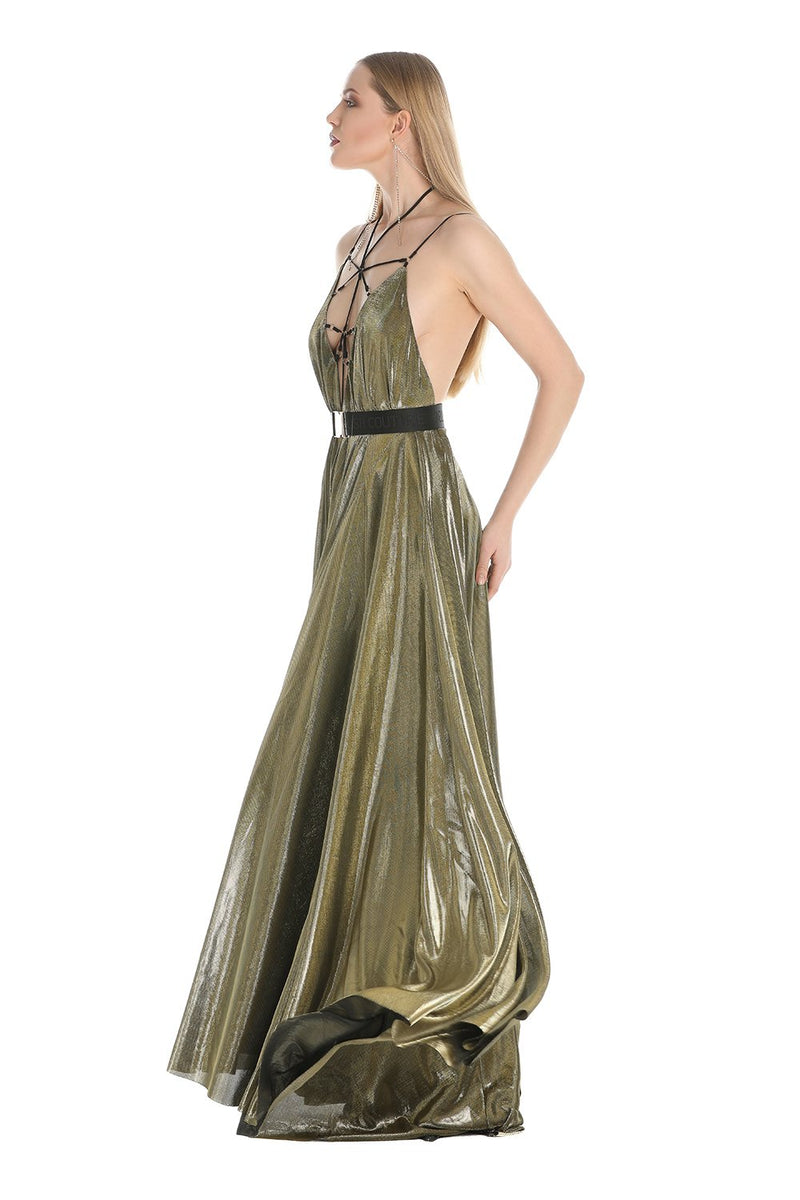 Abito lungo in lurex con anelli e stringhe sottili, relish fashion moda, abbigliamento femminile