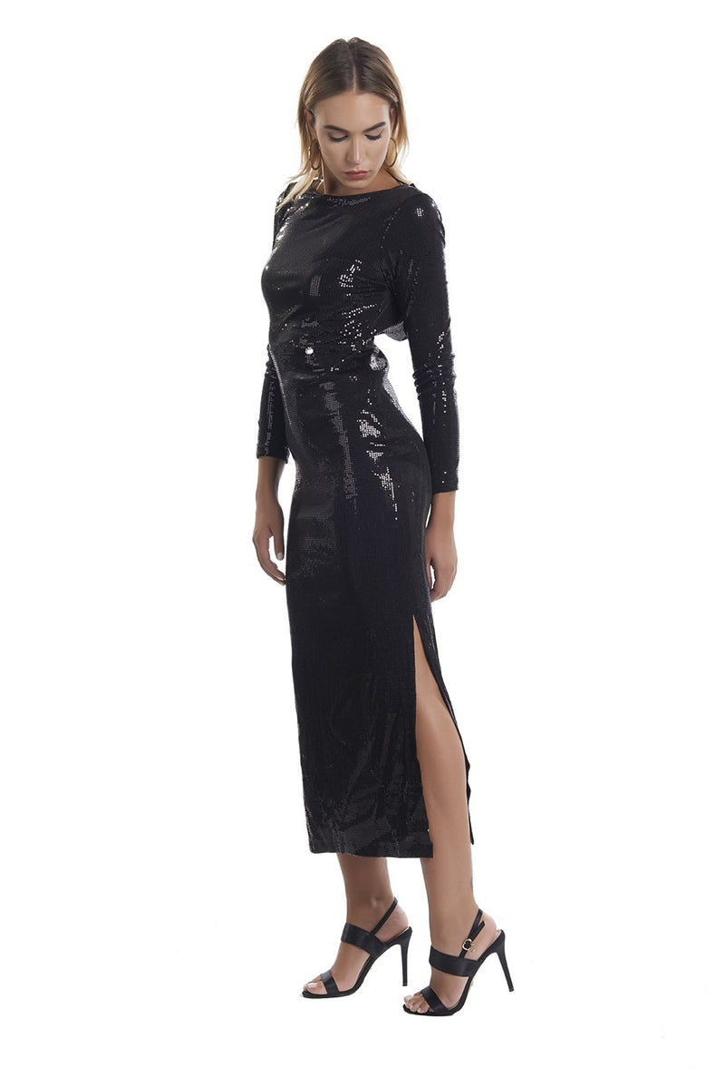 Abito lungo aderente maniche lunghe scollo schiena con spacco in full paillettes nere SCIANTIX