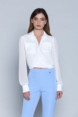 Blusa ERLA corta manica lunga scollo incrocio con frange più tasche