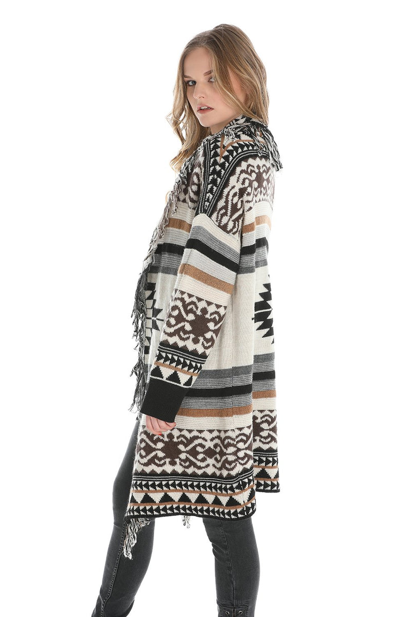 Cardigan lungo fantasia peruviana con bordi e frange GHIRNE