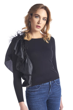 Maglia corta con piume e volant, relish fashion moda, abbigliamento femminile