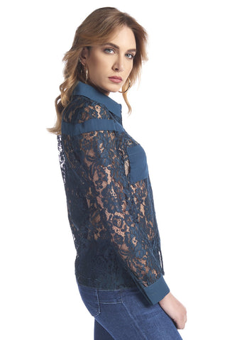 Camicia in full pizzo con profili in raso e tasche in georgette, relish fashion moda, abbigliamento femminile