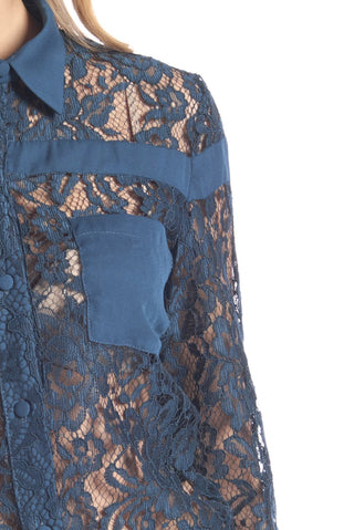 Camicia in full pizzo con profili in raso e tasche in georgette, relish fashion moda, abbigliamento femminile