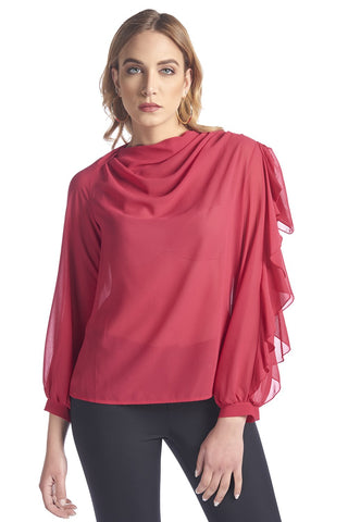 Blusa con bottoncino e volant sulla manica, relish fashion moda, abbigliamento femminile