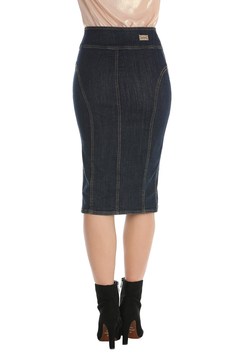 Gonna longuette in denim vita alta con chiusura bottoni, relish fashion moda, abbigliamento femminile