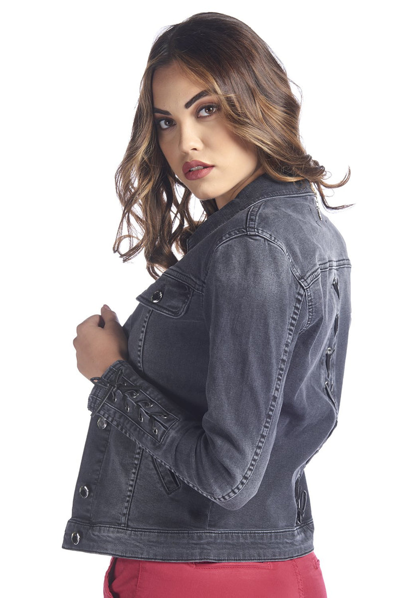 Giubbino in denim black con stringhe in ecopelle, relish fashion moda, abbigliamento femminile