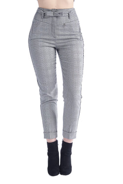 Pantalone vita alta in principe di galles con cintura fiocco e piega sul fondo AVANZIA