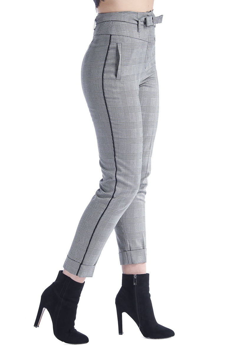 Pantalone vita alta in principe di galles con cintura fiocco e piega sul fondo AVANZIA