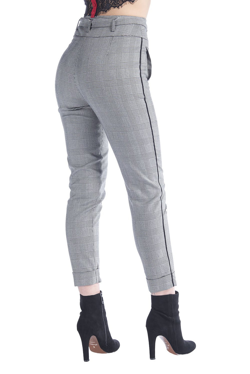 Pantalone vita alta in principe di galles con cintura fiocco e piega sul fondo AVANZIA