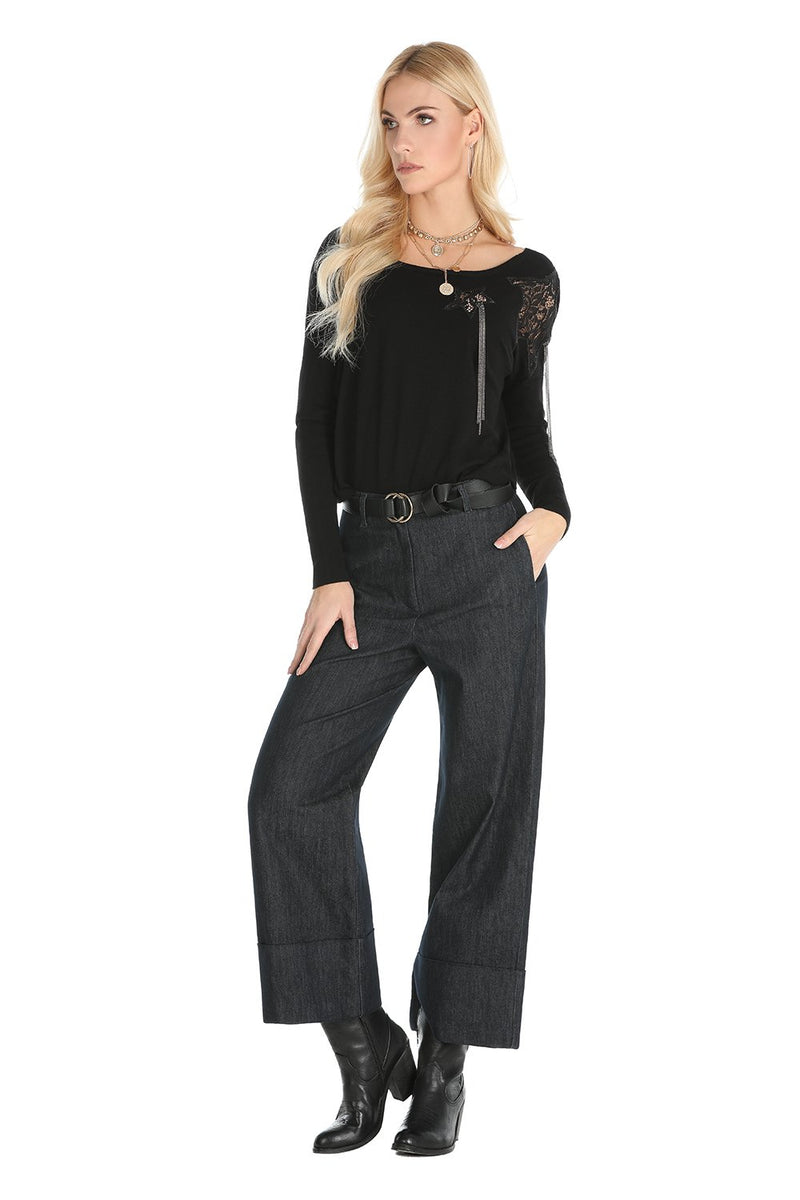 Pantalone jeans modello coulotte a vita alta, relish fashion moda, abbigliamento femminile