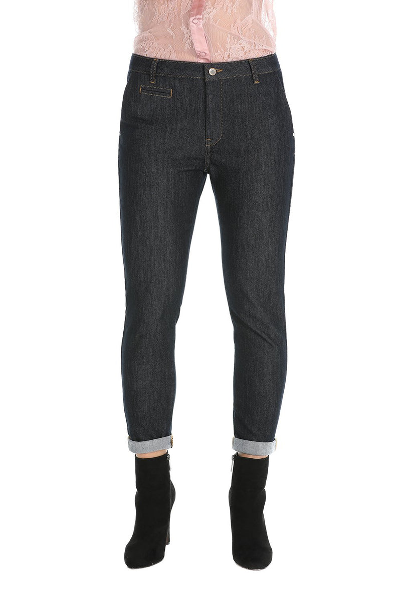 Pantalone jeans con tsche francesi blue scuro, relish fashion moda, abbigliamento femminile