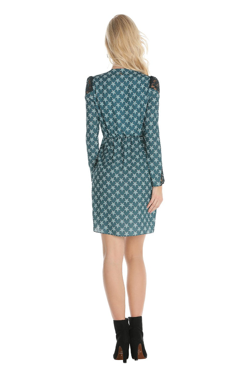 Abito corto in stampa stelle e dettagli in pizzo, relish fashion moda, abbigliamento femminile