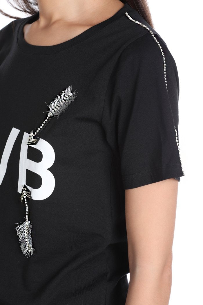 T-shirt MANDRAKE mezza manica con profili strass più stampa tvb più patch frecce