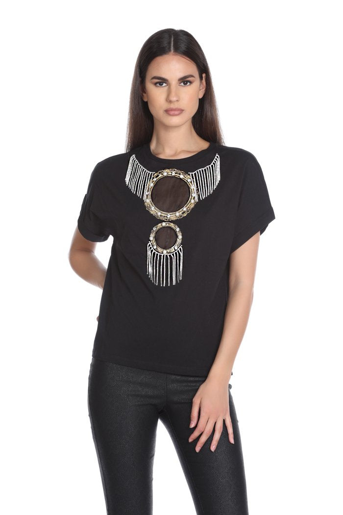 T-shirt CIANCEL mezza manica con stampa cornice più applicazione perle più strass