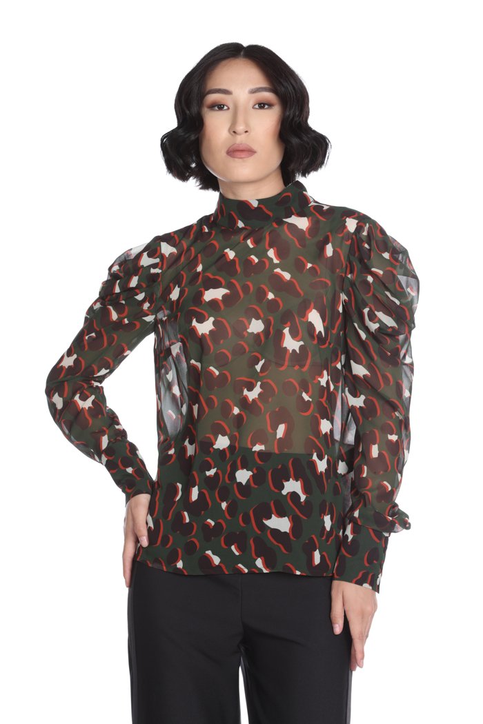 Blusa LEBODY manica lunga a sbuffo con bottoncini scollo schiena incrocio fantasia maculata