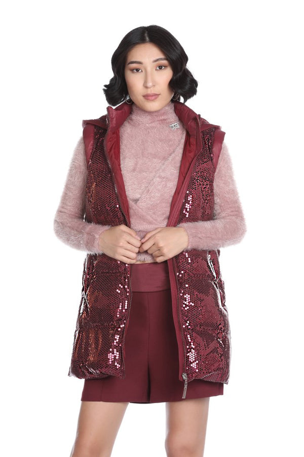 Piumino SHIRLEY lungo smanicato con cappuccio+tasche full paillettes