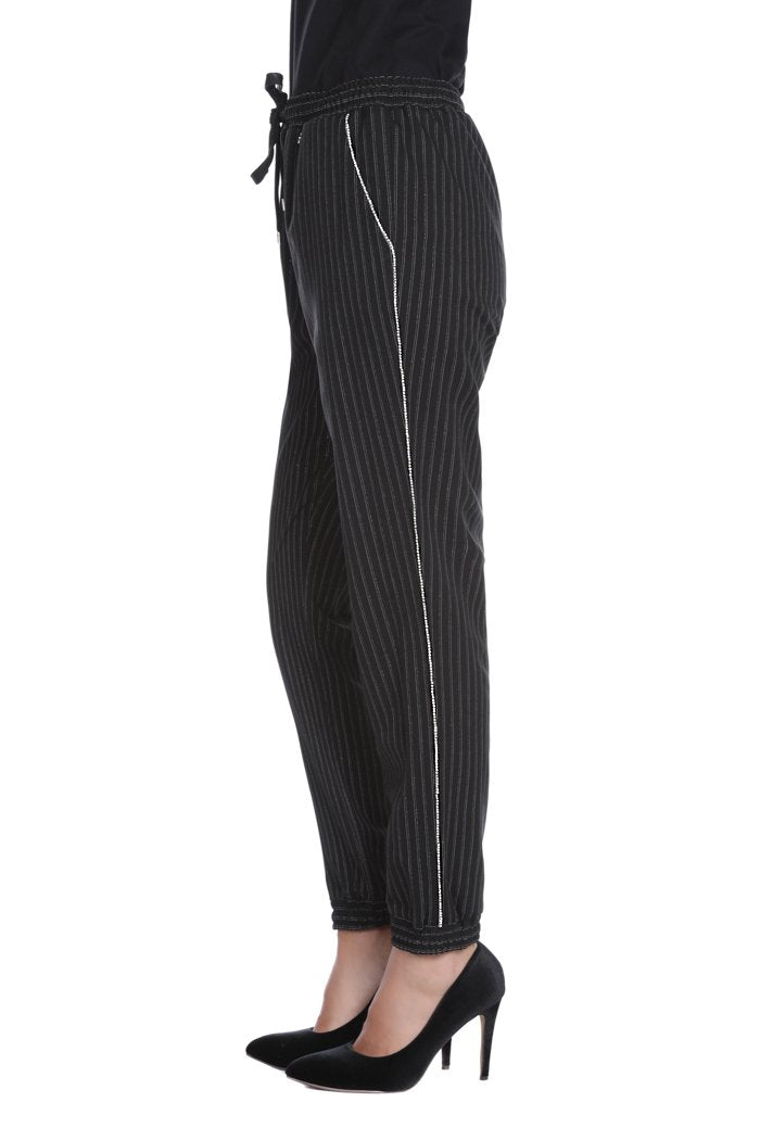 Pantalone GESSY vita alta coulisse più tasche più elastico fondo più strass gessato con lurex