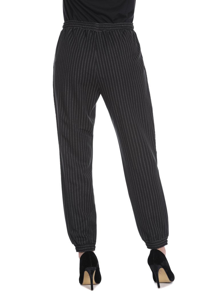 Pantalone GESSY vita alta coulisse più tasche più elastico fondo più strass gessato con lurex